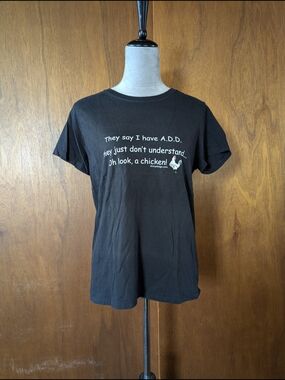 Black Graphic Novelty Tee with Humorous Chicken Quote